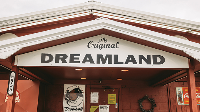 Sign over the entrance of "The Original Dreamland" BBQ restaurant.
