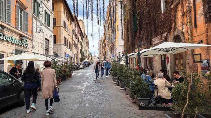 People walking and dining in the Monti neighborhood.