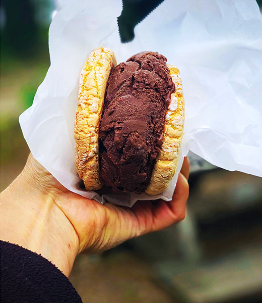 Almond cookie and darkest chocolate ice cream sandwich. | Photo by Krista Kern Desjarlais