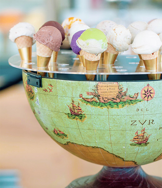 The Flight Around the World at Wanderlust Creamery: Mini cones topped with ice cream in various flavors