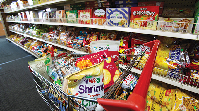 Cart with Korean groceries in Seoul Market