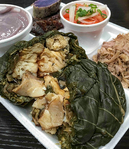 A plate from Young's Fish Market with butterfish laulau and other food