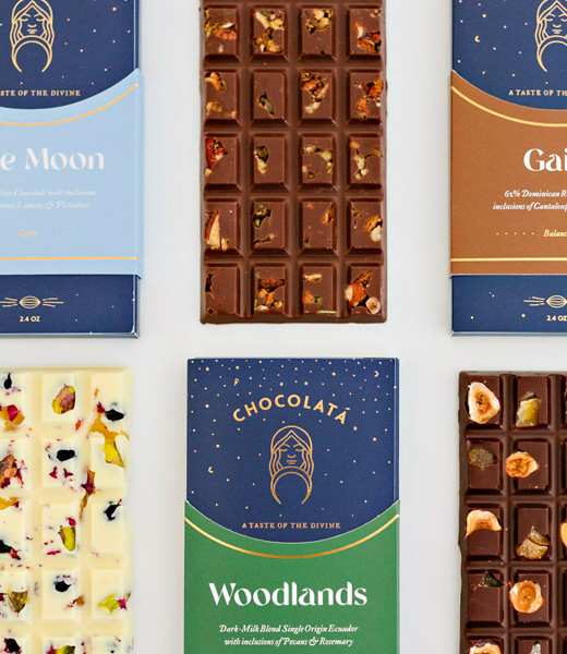 A variety of wrapped and unwrapped bars from Chocolatá Artisanal Chocolatier