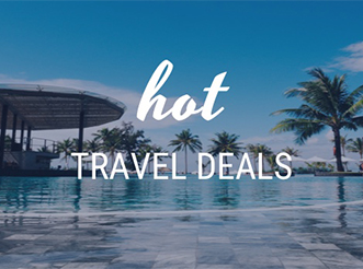 A pool and palm trees with hot travel deals overlaid on image