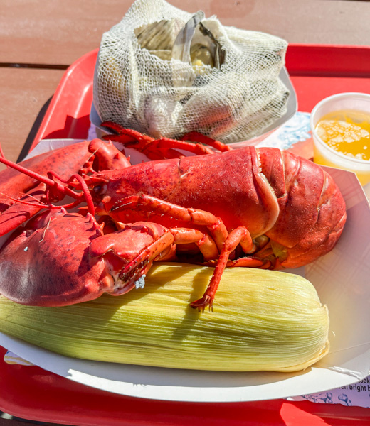 Tray with a whole lobster, corn on the cob, a bag of clams, and a cup of melted butter.