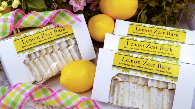 Boxes of lemon zest bark.