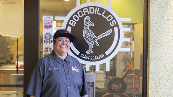 Chef Marie Yniguez in front of Slow Roasted Bocadillos in Albuquerque