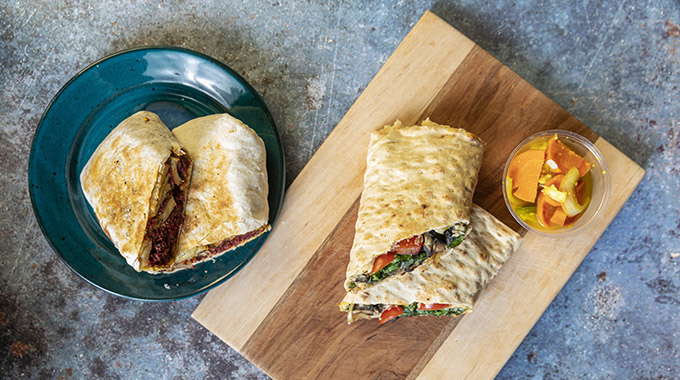 "Chorizo" burrito and mushroom shawarma wrap