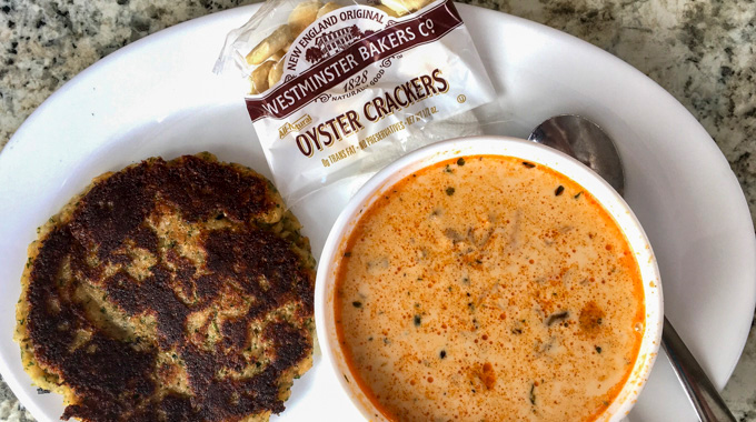 Rockland Cafe chowder served with a haddock fishcake and oyster crackers