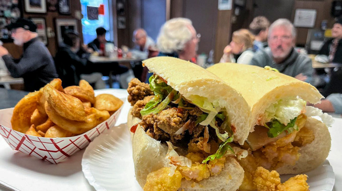 Shrimp and oyster po'boy at Domilise's in New Orleans, Louisiana.