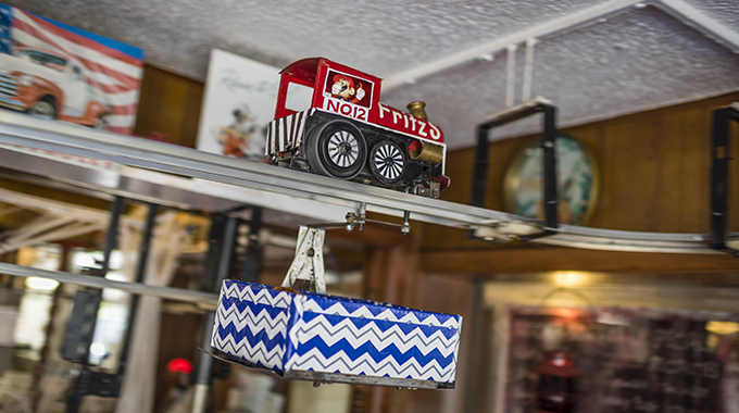 The train food delivery system inside Fritz's Railroad Restaurant
