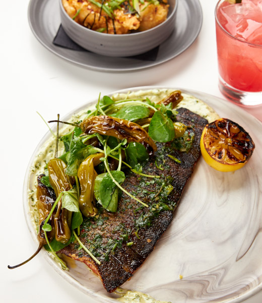 Trout topped with charred chile