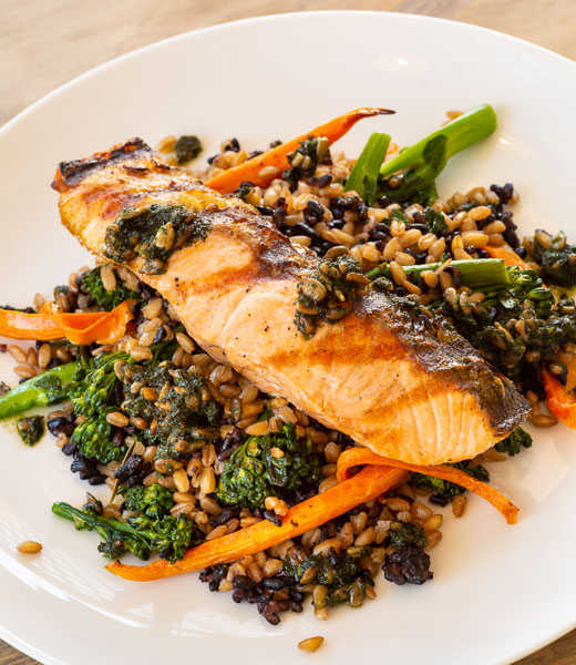 Grilled salmon on a bed of farro