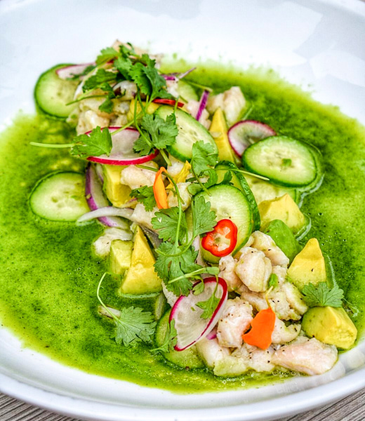 Prickly pear–and-lime-cured striped bass ceviche