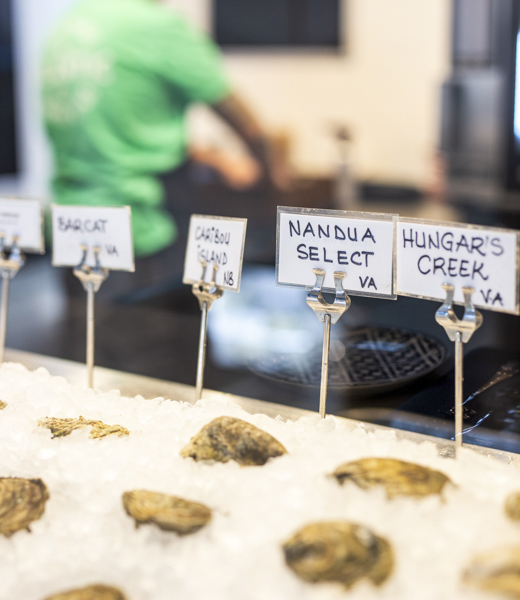 Chef Brue's kitchen includes a selection of Tidewater oysters.