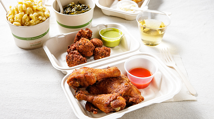 Fried chicken, mac-and-cheese, and collard greens at Alta Adams in Los Angeles.