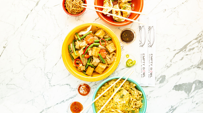 Mama’s Hand-Wrapped Jiaozi Potstickers and Thai noodles at Empty Bowl Gourmet Noodle Bar in Santa Barbara.