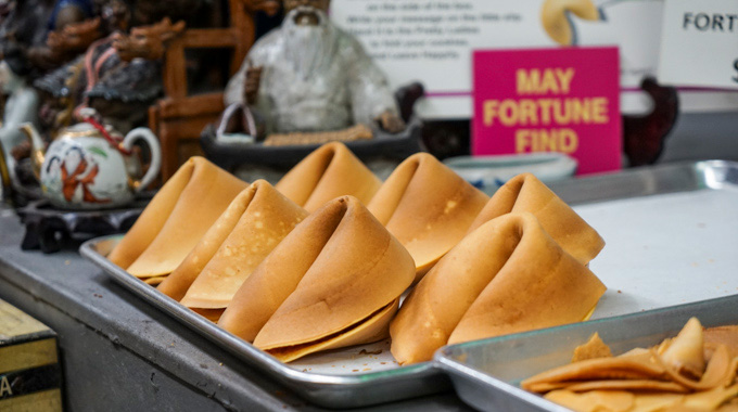 Trays of freshly made fortune cookies.