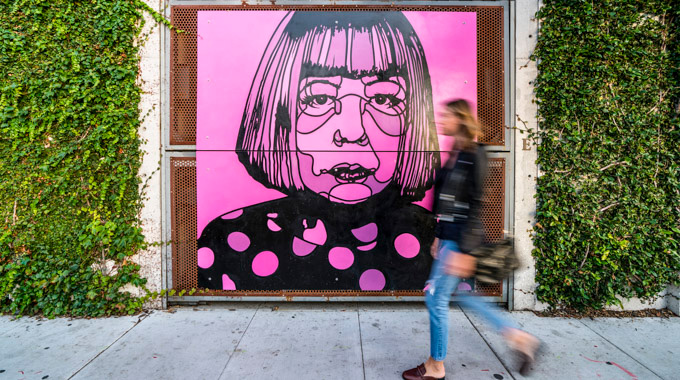 A pink painting hanging in Santa Barbara's Funk Zone.