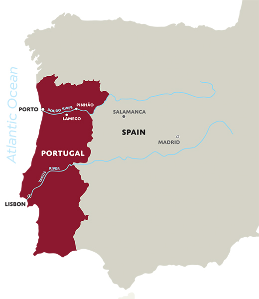 A map showing the path of the Douro River through Portugal and Spain