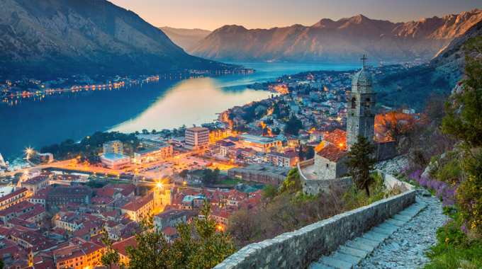 The setting sun casting a glow over Kotor, Montenegro