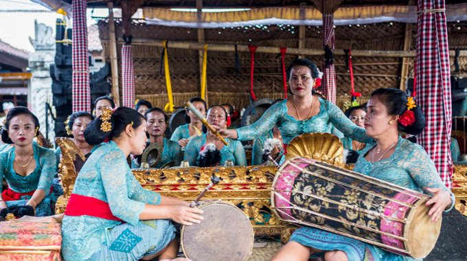 A group of women in a gamelan orchestra. 