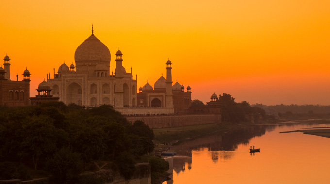 Taj Mahal seen beside the Yamuna River.