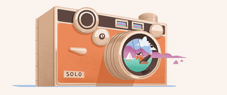 Illustration of woman on a swing popping out of a camera lens Illustration of woman on a swing popping out of a camera lens