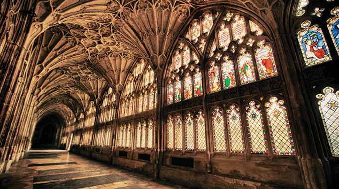 Stained glass windows in the Gloucester cloister hallways.