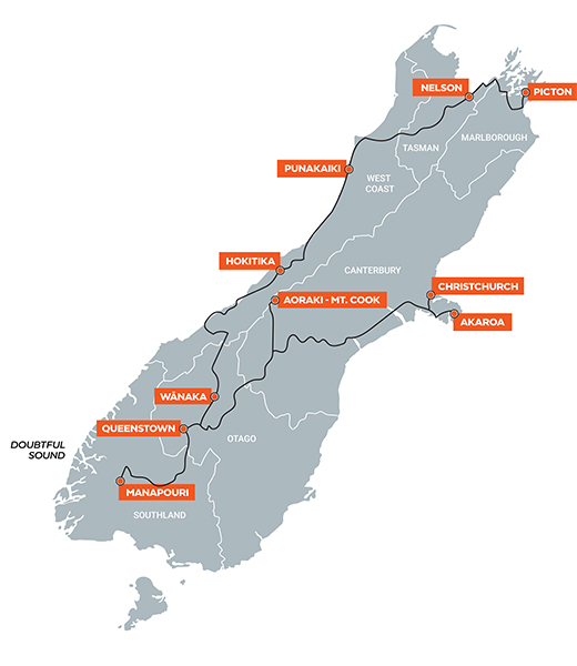 A map showing the author's route through South Island.