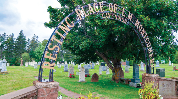 Archway leading into Cavendish Cemetery, marking the "resting place of L.M. Montgomery"