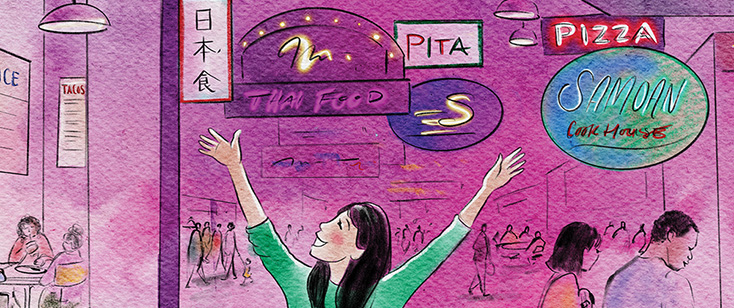 Illustration of woman surrounded by diverse restaurants Illustration of woman surrounded by diverse restaurants