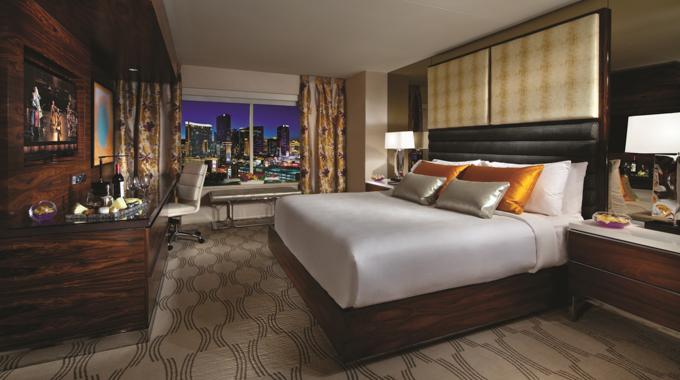 Suite bedroom with a view of the Strip