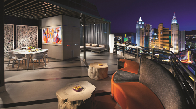 A suite patio looking out onto the Strip