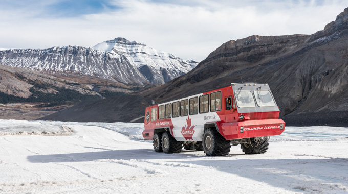 Travelers can ride an all-terrain vehicle onto the Athabasca Glacier.