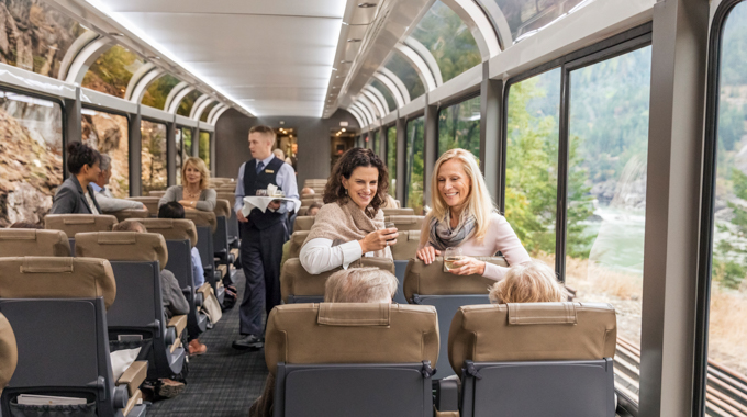 Passengers mingling aboard the Rocky Mountaineer
