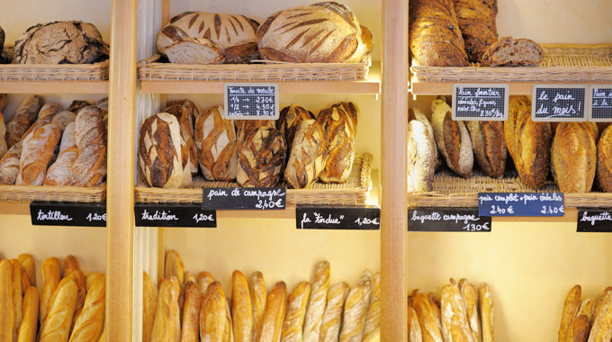Freshly baked breads at a French bakery 
