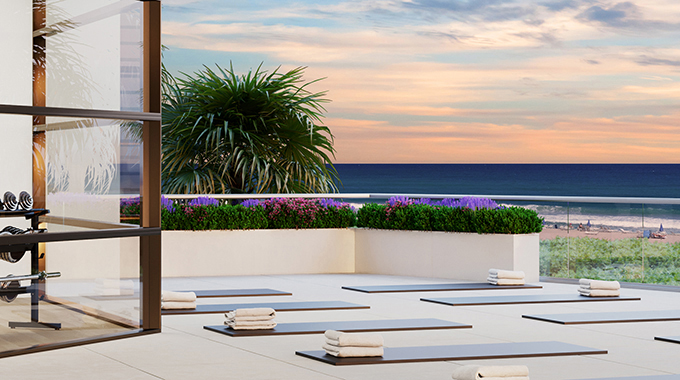The yoga studio at Amrit Ocean Resort and Residences will take advantage of its waterfront location. | Illustration courtesy Amrit Ocean Resort and Residences