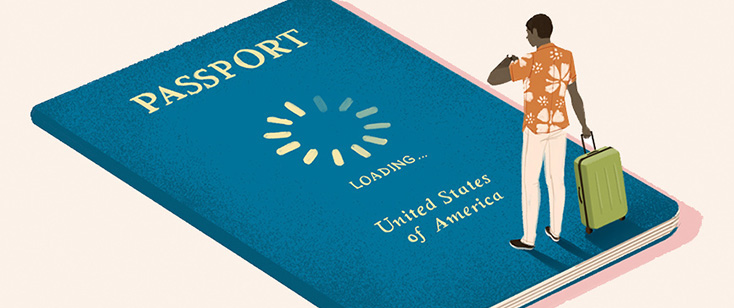 Illustration of a traveler with a suitcase, where the ground is actually a passport.