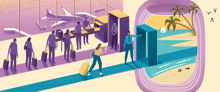 Illustration of traveler walking through a shorter airport security line. Illustration of traveler walking through a shorter airport security line.