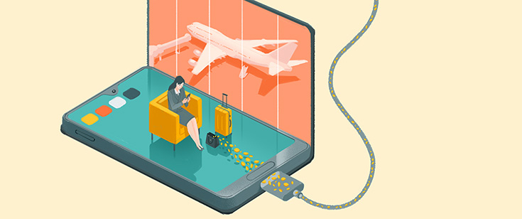 Illustration of a woman in an airport, where the floor is actually a cellphone screen. Illustration of a woman in an airport, where the floor is actually a cellphone screen.