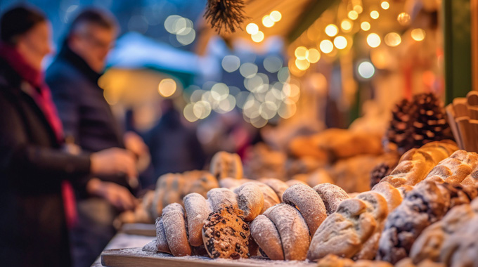 Pastries, sausages, and other festive food displayed at a German Christmas market.