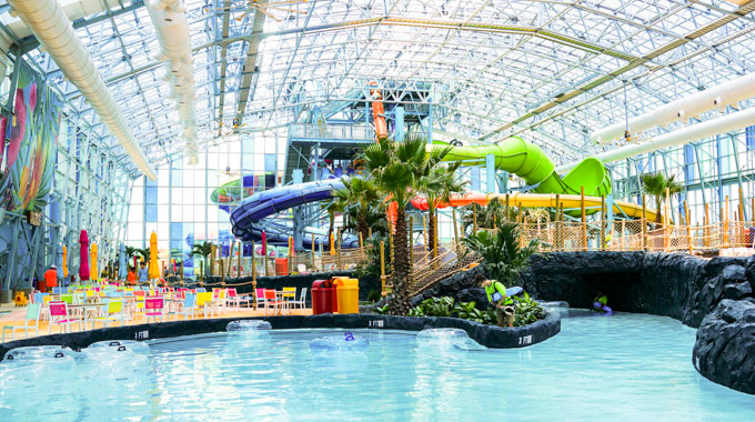 Pool and water slides inside Foley's Tropic Falls