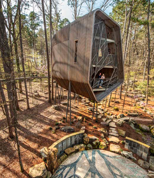 Couple admiring the view from the Garvan Woodlands Gardens modern treehouse