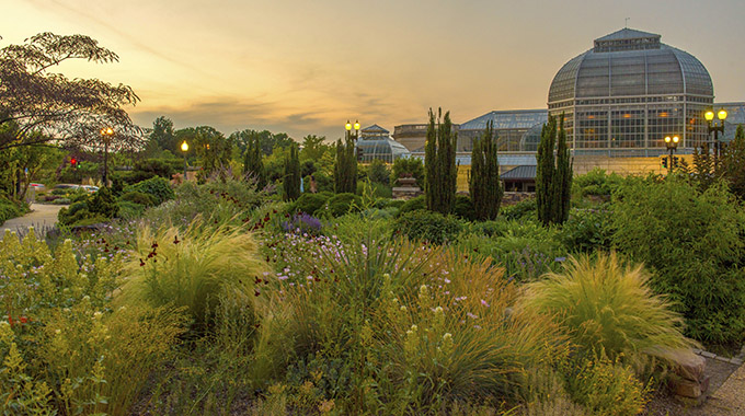 The sun sets over Bartholdi Park, one of 20 gardens at the U.S. Botanic Garden. | Photo by Amanda Kleinman/U.S. Botanic Garden 