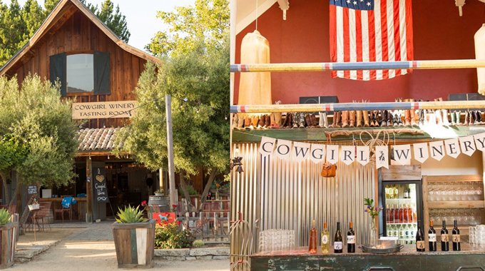 The outside and interior of the Cowgirl Winery tasting room reflects its Western theme and name.