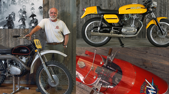 Moto Collection owner Rob Talbott with his first race bike (above), a 1971 Yamaha RT1 360. Among the bikes on display are a Ducati 450 Desmo (top right) and a 1972 MV Agusta 750S. 