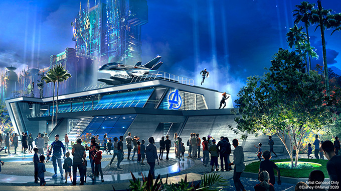 The Quinjet rests atop Avengers Headquarters at Disney California Adventure’s Avengers Campus. | Photo courtesy Disneyland Resort