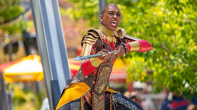 Okoye, the leader of the Dora Milaje, the Black Panther’s loyal bodyguards, leads a training session.