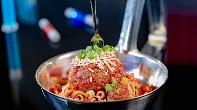 Pasta with large and micro meatballs from Pym Test Kitchen. | Photo by David Nguyen/Disneyland Resort